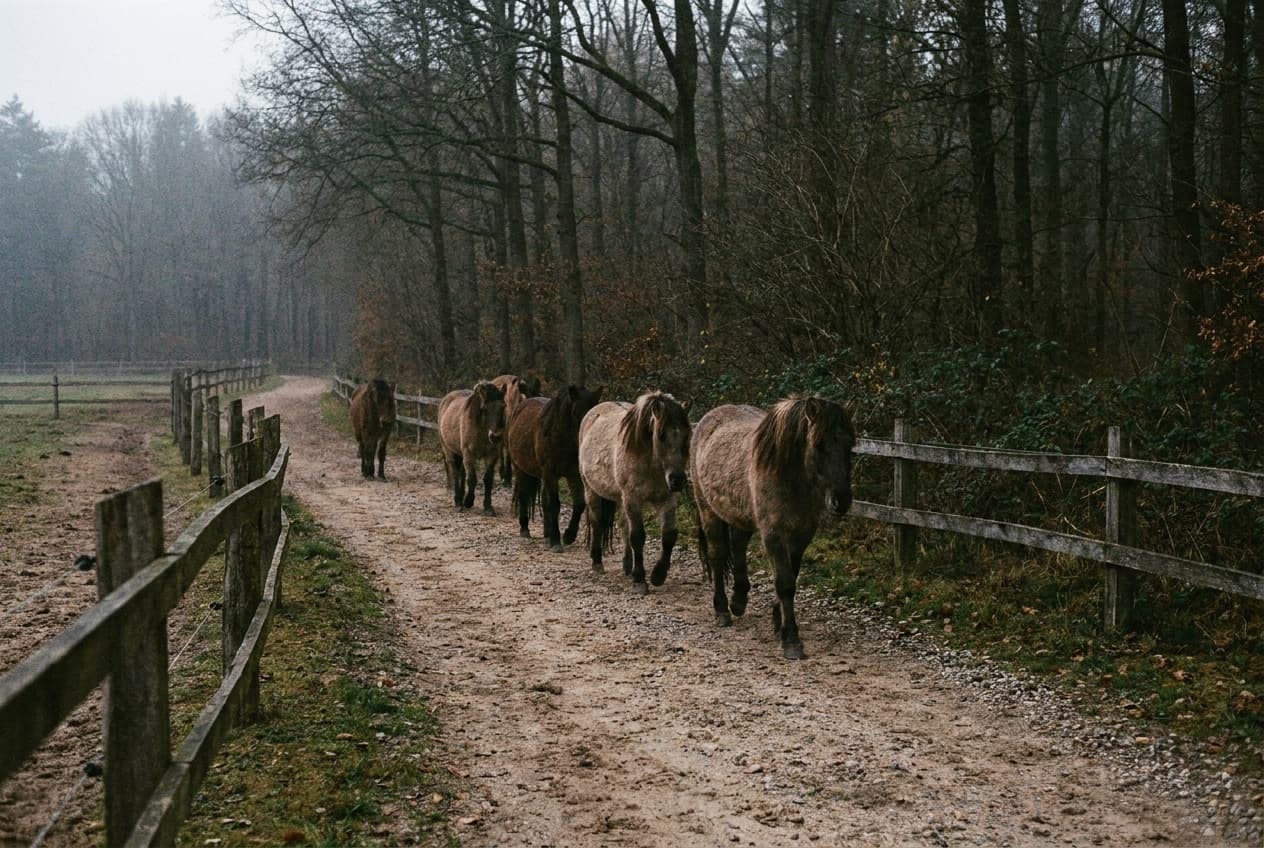 Mehrere Pferde wandern ruhig hintereinander über einen Aktiv-Lauftrail mit verschiedenen Bodenbelägen am Waldrand.