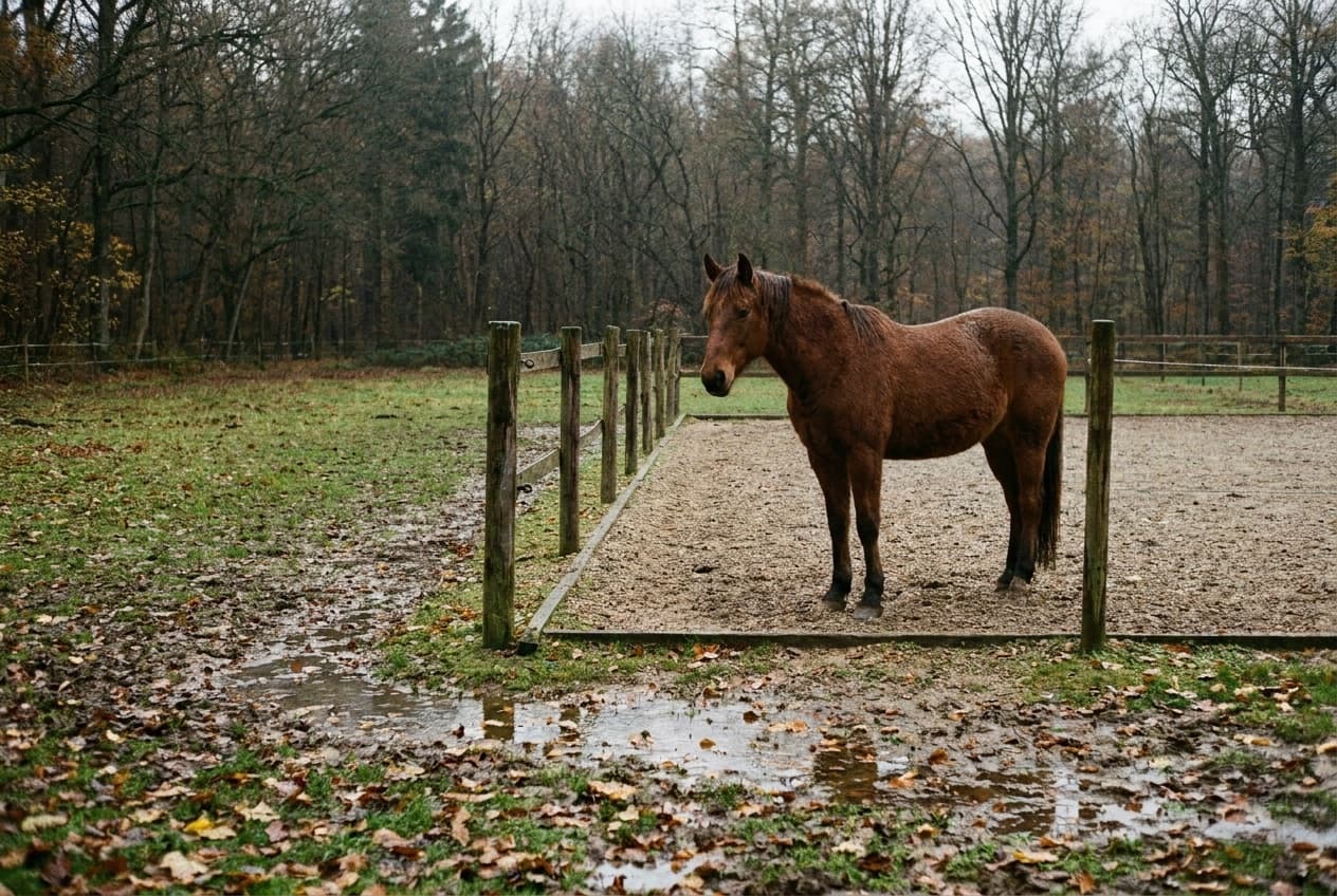 Ein Pferd steht ruhig auf einem trockenen, befestigten Paddock am Waldrand, während ringsum nasses Herbstlaub und matschige Wiese liegen.