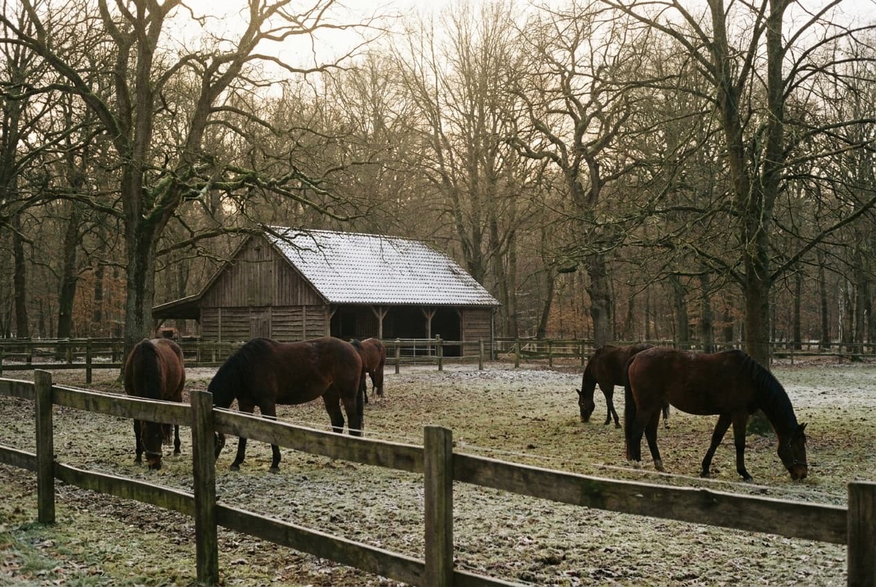 Pferde grasen ruhig auf einem Paddock am winterlichen Waldrand im warmen Nachmittagslicht des Teutoburger Waldes.