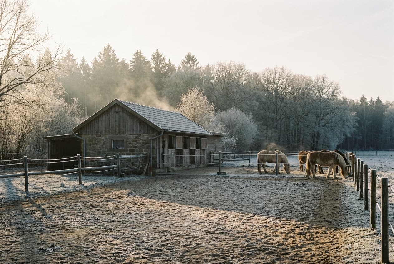 Kleine Pferdepension am Waldrand an einem frostigen Januarmorgen mit Komfort-Boxen, Paddocks und grasenden Pferden im weichen Winterlicht.