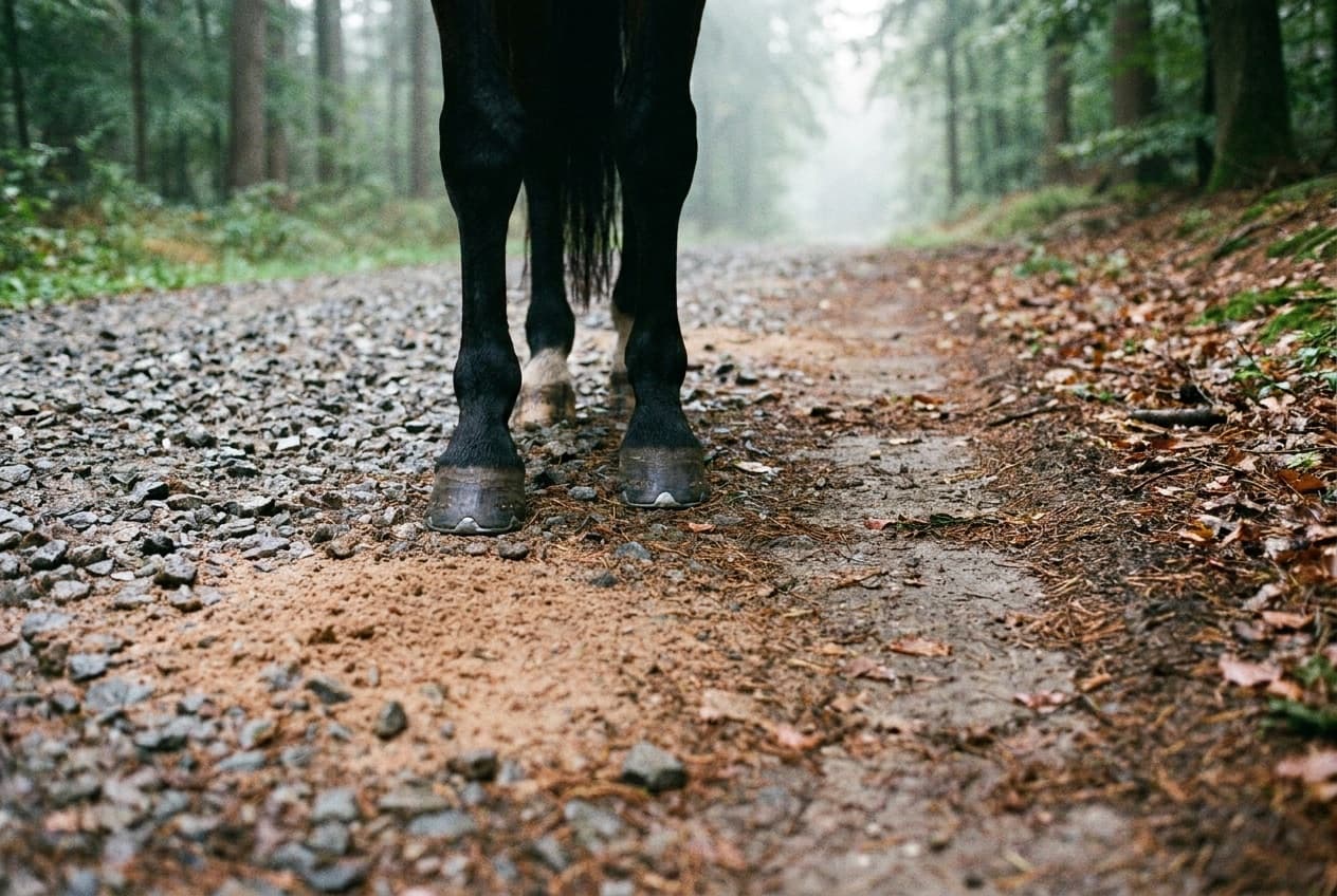 Nahaufnahme von Pferdehufen, die über einen Trail aus Sand, Kies und festem Waldboden am Waldrand gehen.
