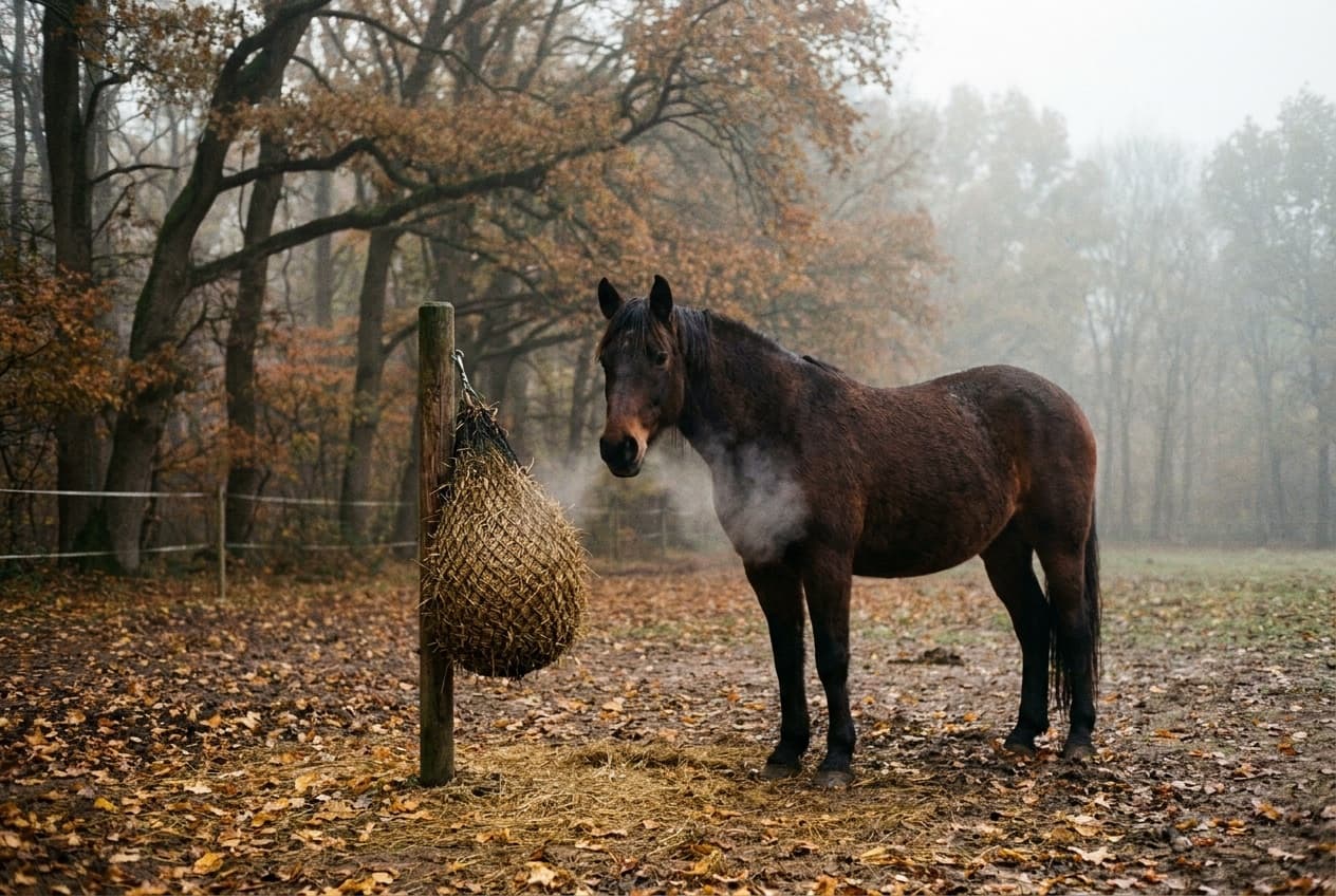 Ein Pferd steht an einem nebligen Herbstmorgen auf einem Paddock am Waldrand, daneben ein gefülltes Heunetz und goldenes Laub am Boden.