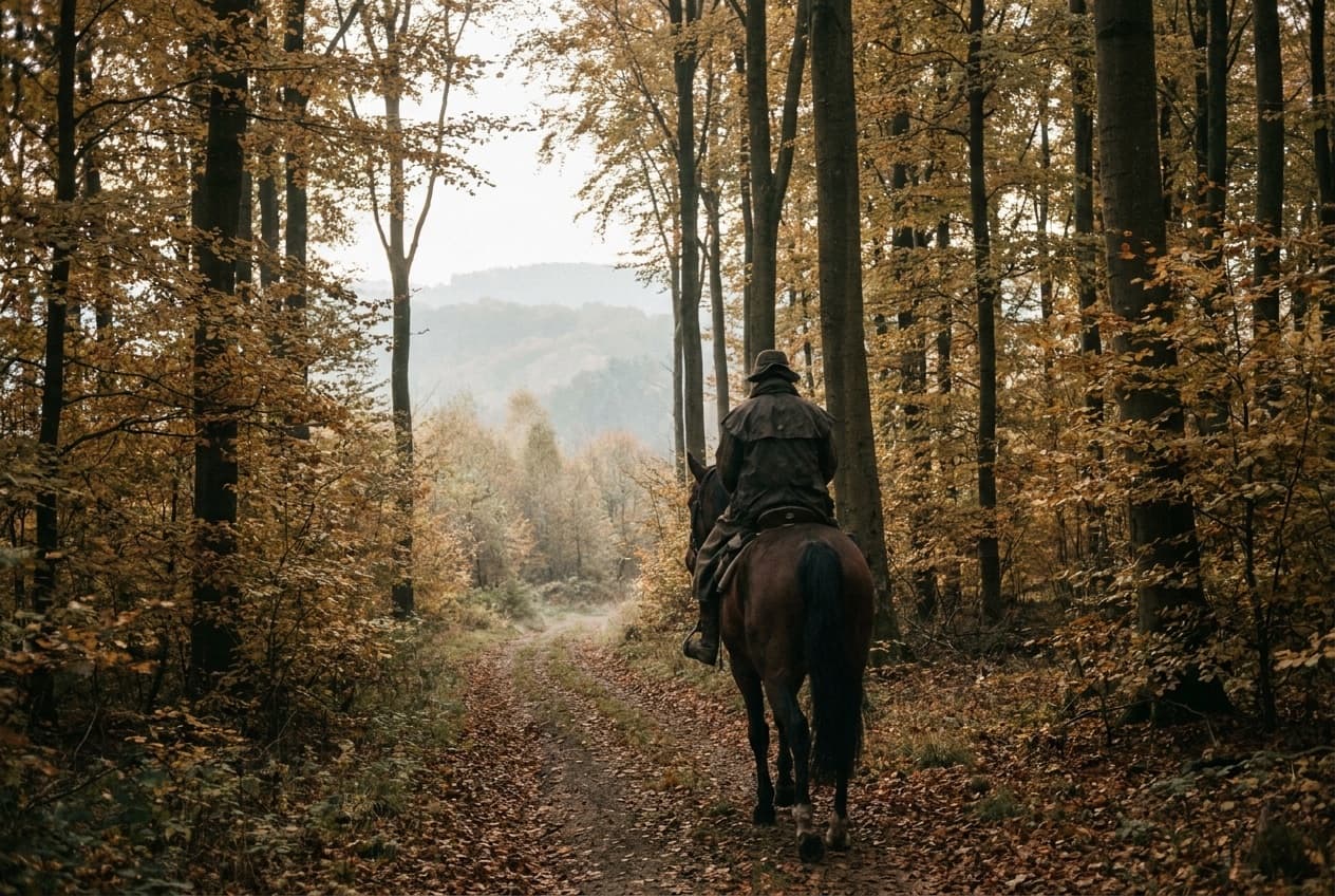 Reiterin auf einem Pferd von hinten auf einem herbstlichen Waldweg zwischen goldgelben Buchen im Teutoburger Wald, im Hintergrund neblige Hügel.