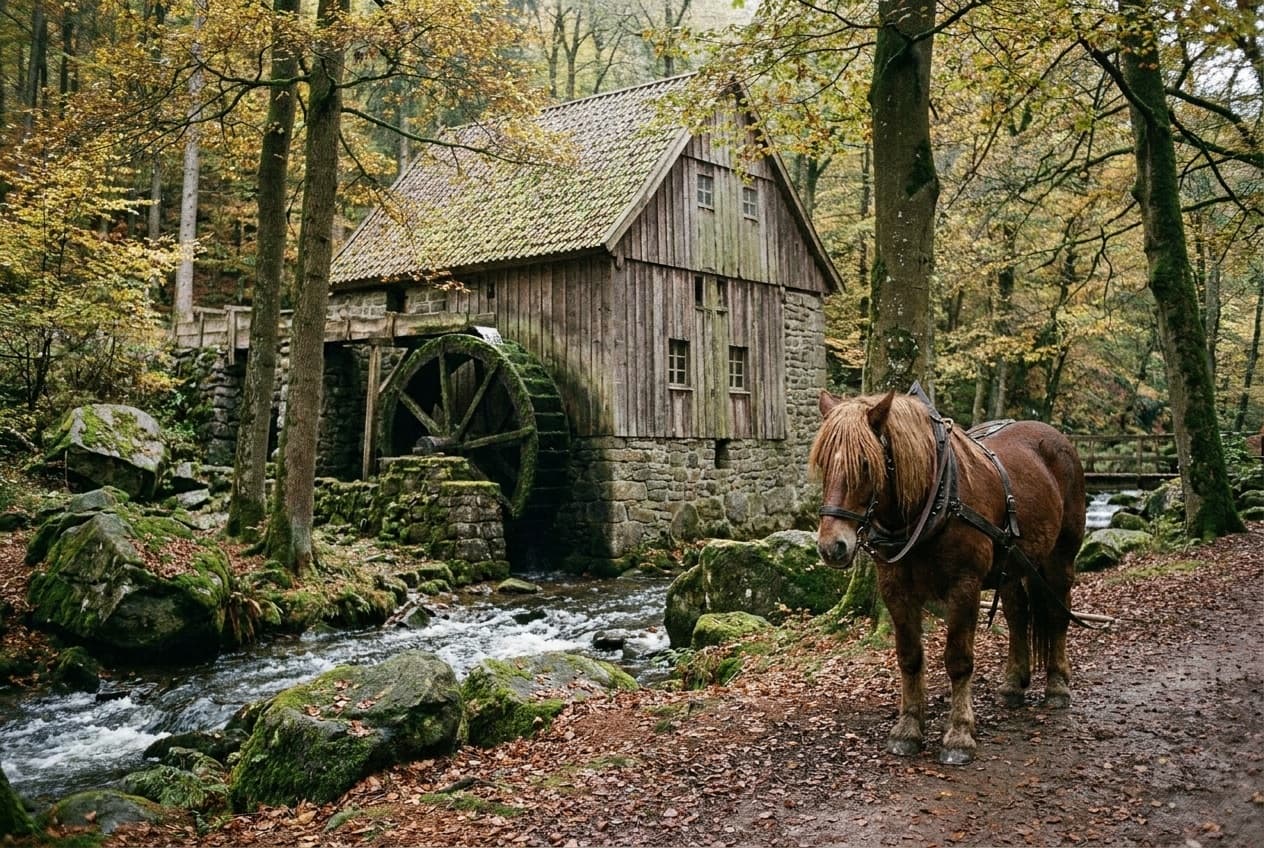 Alte Wassermühle mit Mühlrad an einem kleinen Bach im bewaldeten Silberbachtal, davor ein Pferd auf weichem Waldweg.