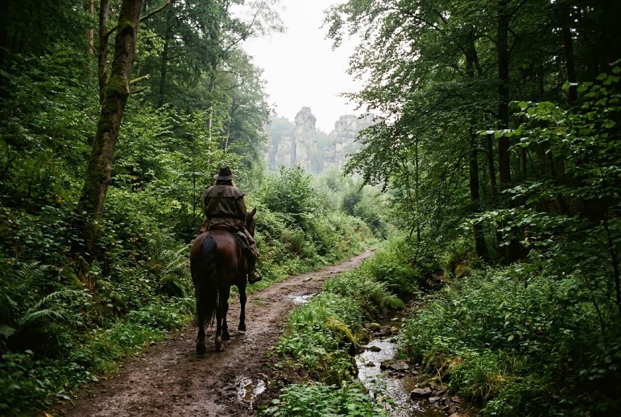 Reiterin auf einem Pferd auf einem schmalen Waldweg im sommerlichen Teutoburger Wald, im Hintergrund die Felsen der Externsteine.