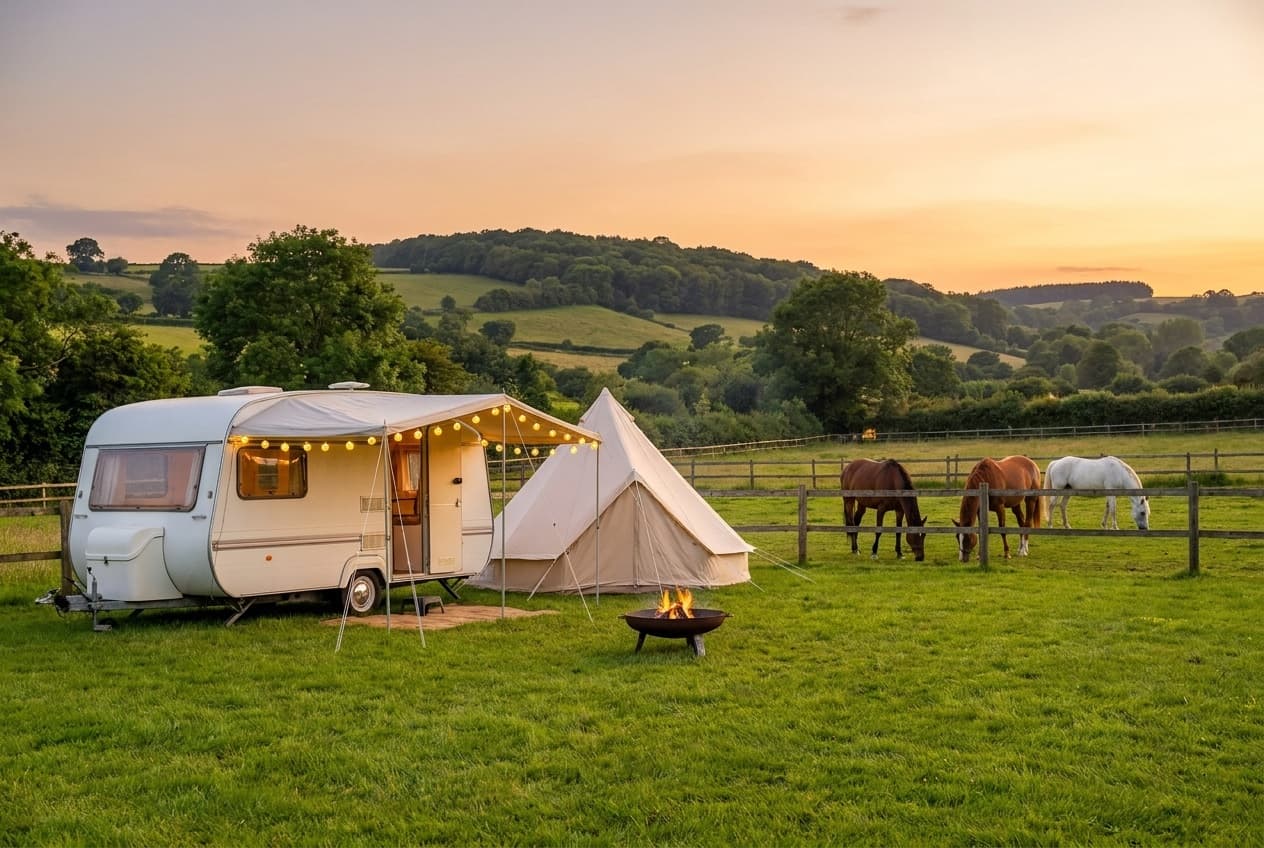 Camping-Stellplatz auf der Wiese am Abend