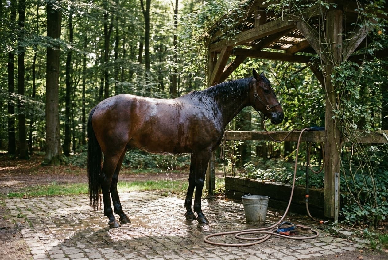 Ein dunkelbraunes Pferd wird an einem schattigen Waschplatz am sommerlichen Waldrand mit Wasser abgekühlt.