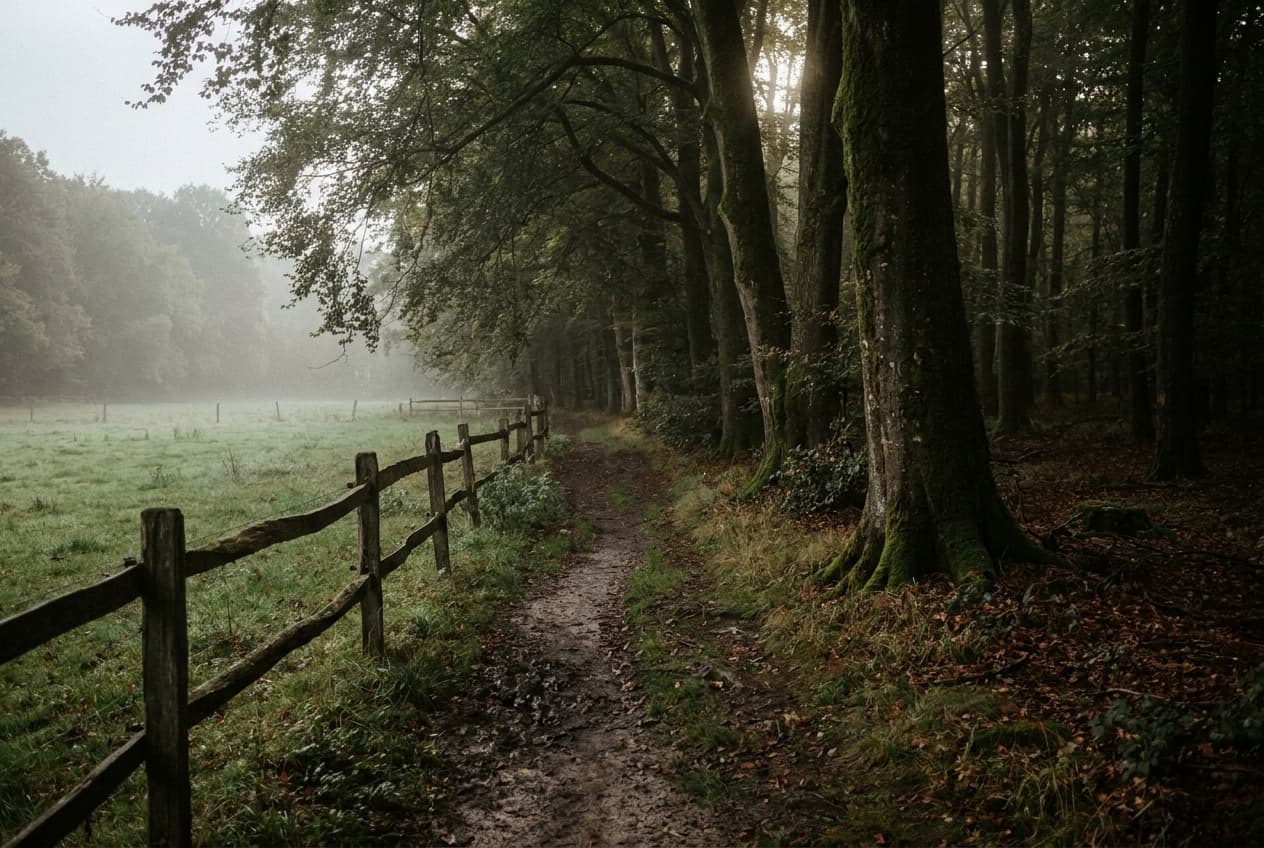 Ein Reitweg führt vom Koppelrand direkt in den lichten Buchenwald des Teutoburger Waldes.