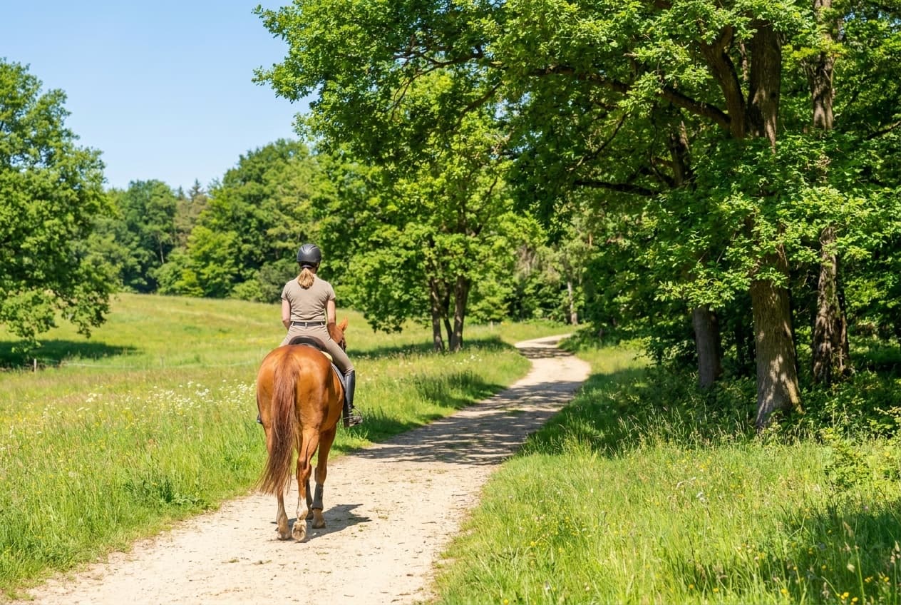 Reitweg durch Wald und Feld ohne Straßenverkehr