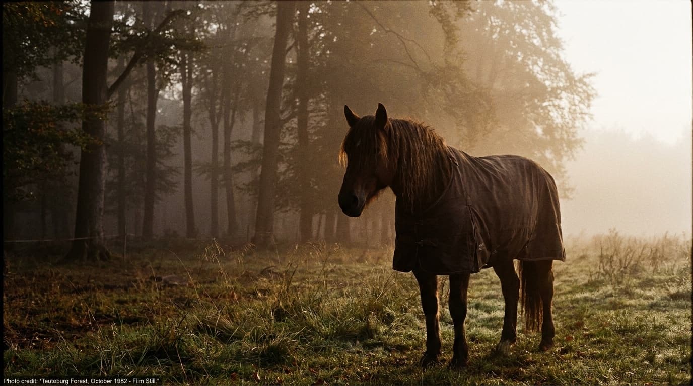 Pferd am nebligen Waldrand im Teutoburger Wald