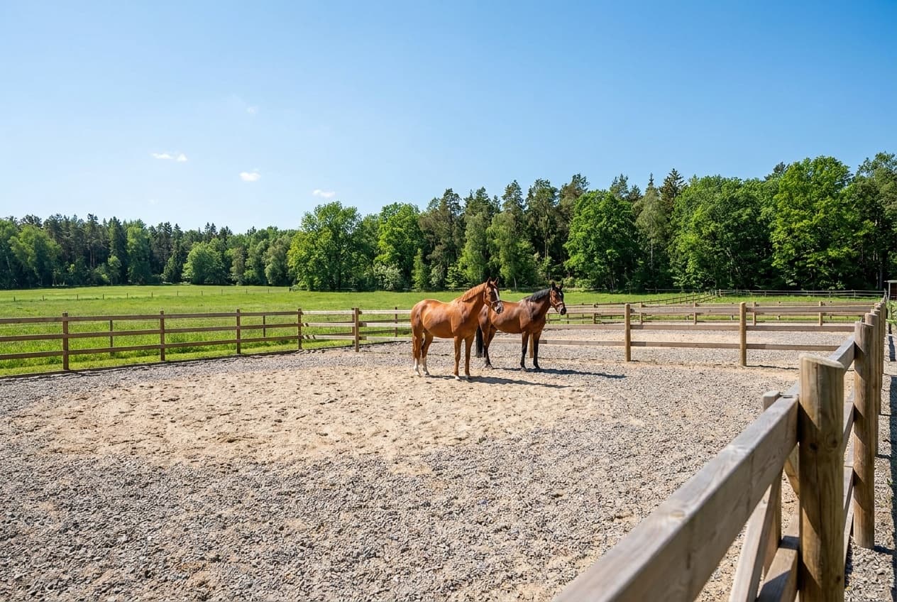 Großes befestigtes Paddock mit Pferden am Waldrand
