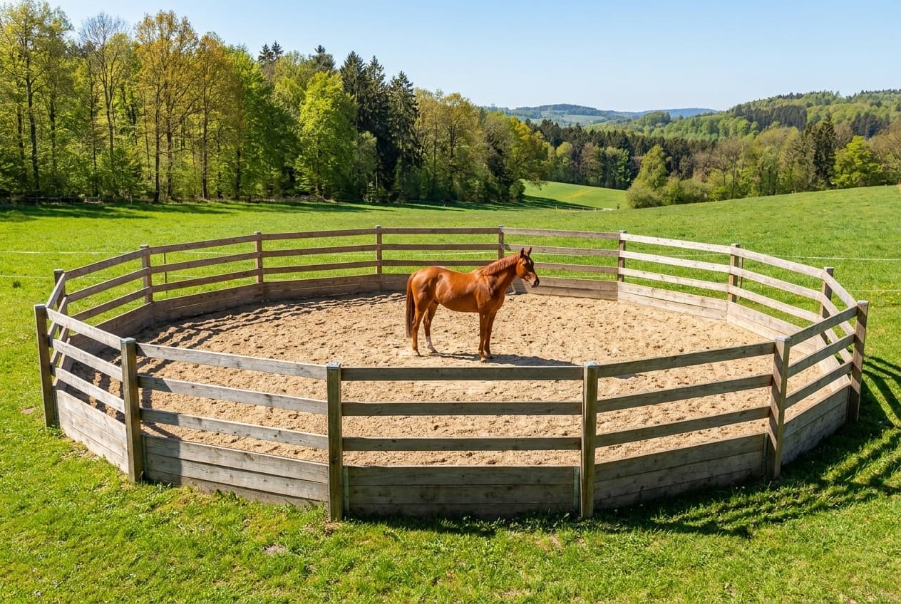 Roundpen mit Sandboden auf grüner Wiese